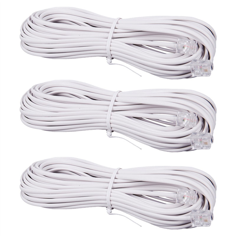 3Pcs 10M RJ11 Telephone Connector Extension Cable White