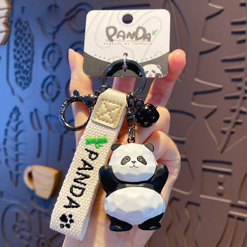 Original cute resin wood carved wind panda keychain, creative and delicate bamboo panda couple keychain bag pendant
