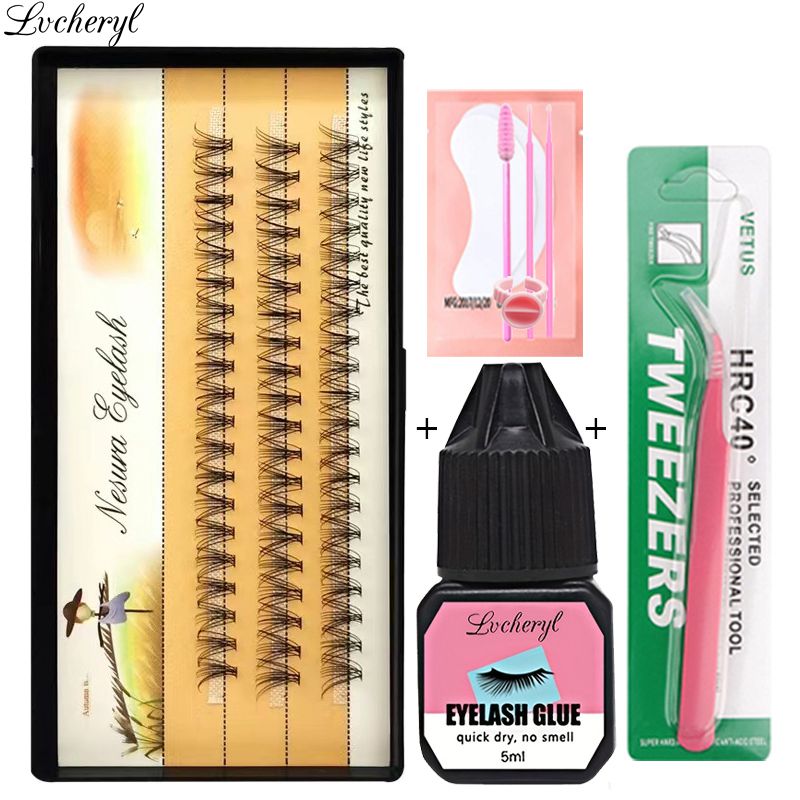 Lvcheryl Thick Self Grafted Eyelash Extension Set Kits With Glue Tweezers Segmented False Eyelash Individual Eyelashes Free Tools. 