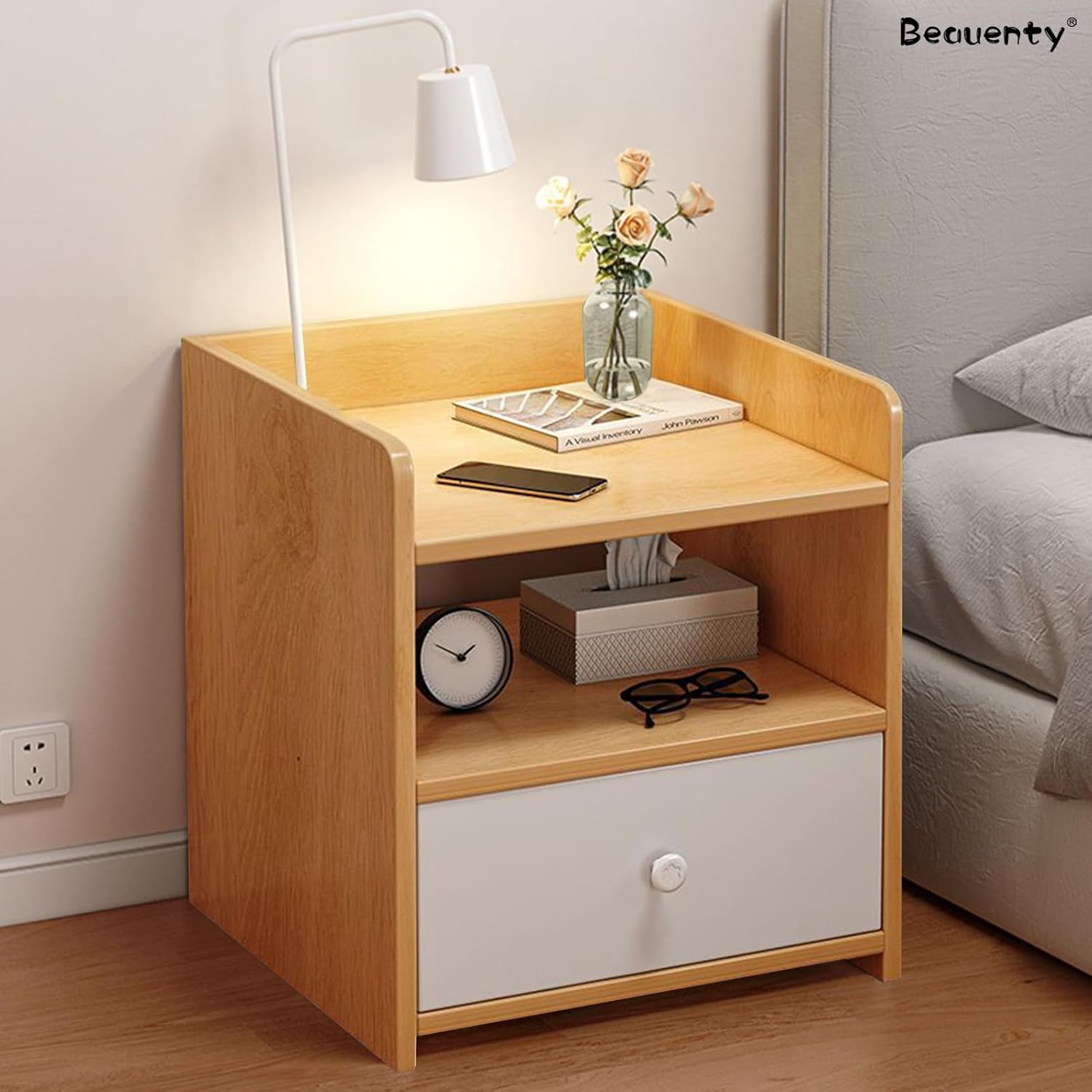 Bedside Table Wood End Table Side Table Bedside Storage Cabinet Nightstand With Drawer Sturdy End Table For Bedroom Living Room Dormitory18/16