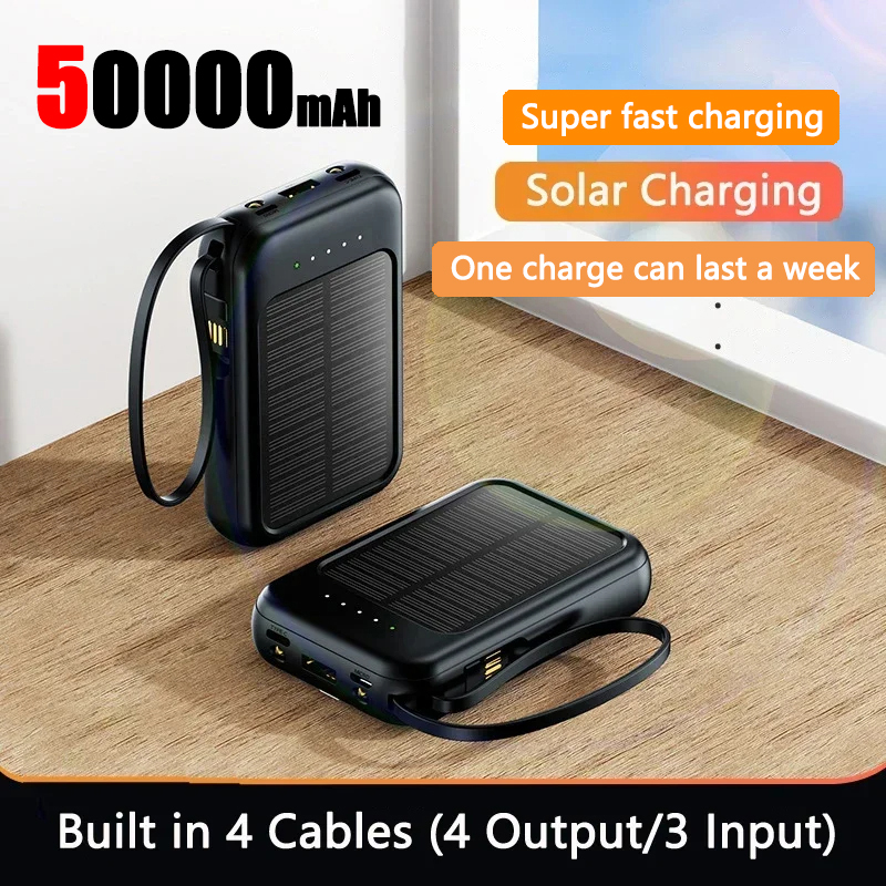 50000mAh Solar Move Power Bank with Built-in 4-cables With Lanyard Portable Mini Super Fast Charging Suitable For iPhone Samsung