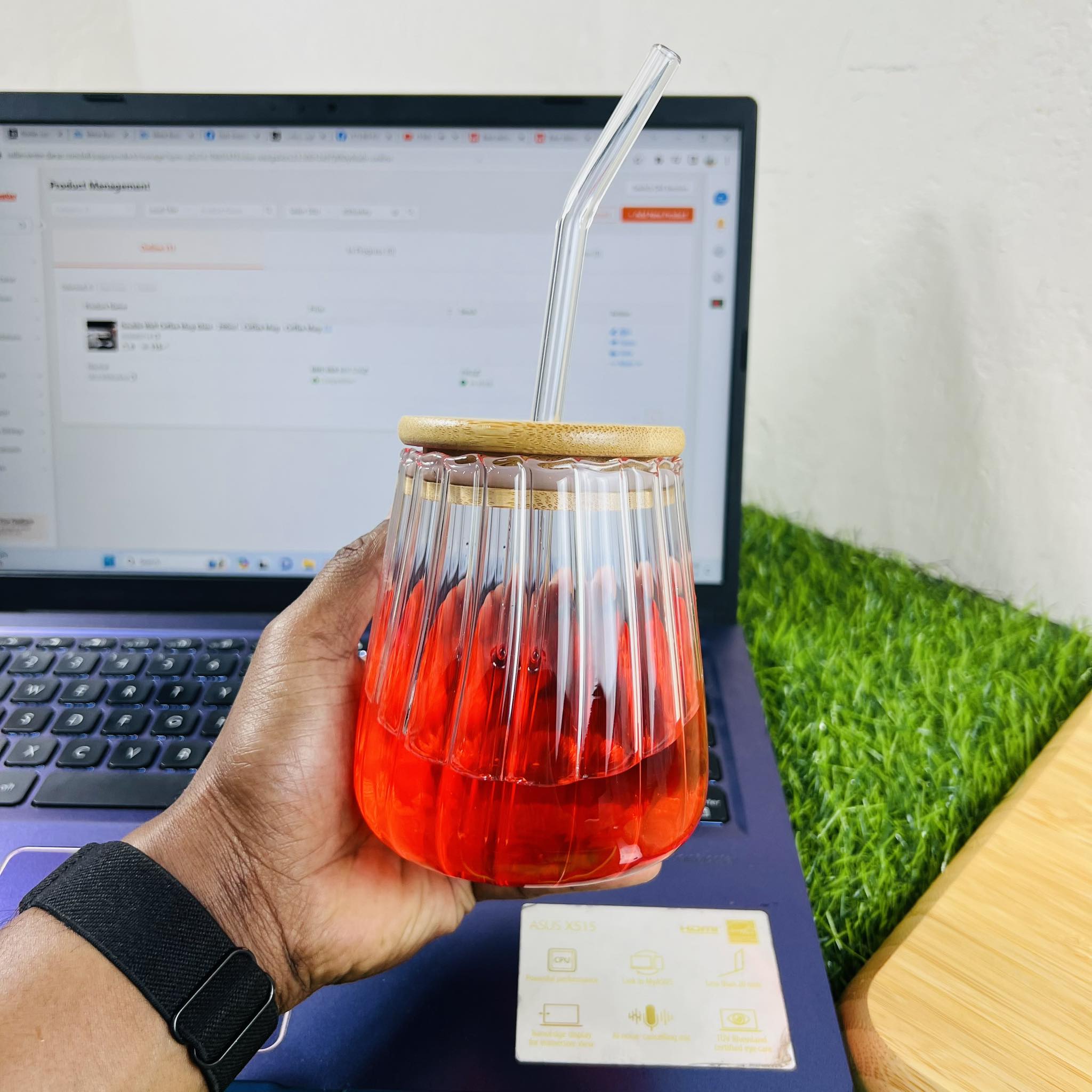 450ml Stripe Glass  Mason Jar wtih Bamboo Lid and Straw