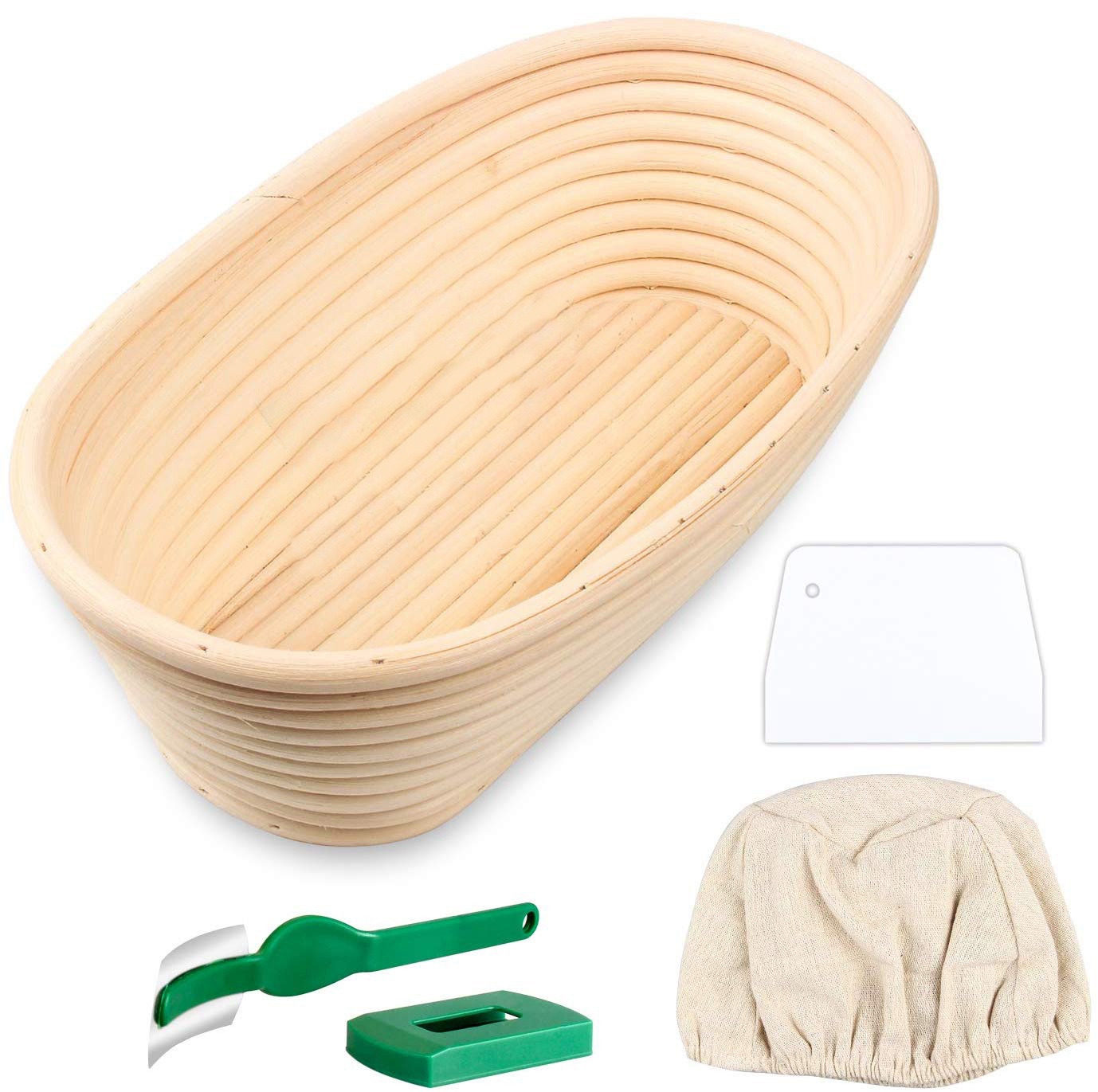 Oval Bread Proofing Basket, Handmade Banneton Bread Proofing Basket Brotform with Bread Lame, Dough Scraper, Proofing Cloth Liner for Sourdough Bread, Baking(9.6 x 6 x 3 Inches) ， bread basket. 