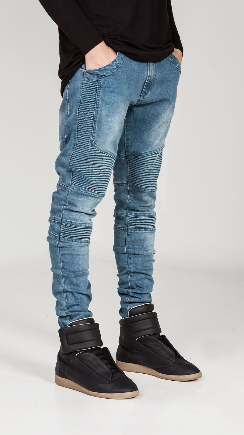 BIKER JEANS Fashion Brand Motorcycle Pants Pleated Slim Fit Feet