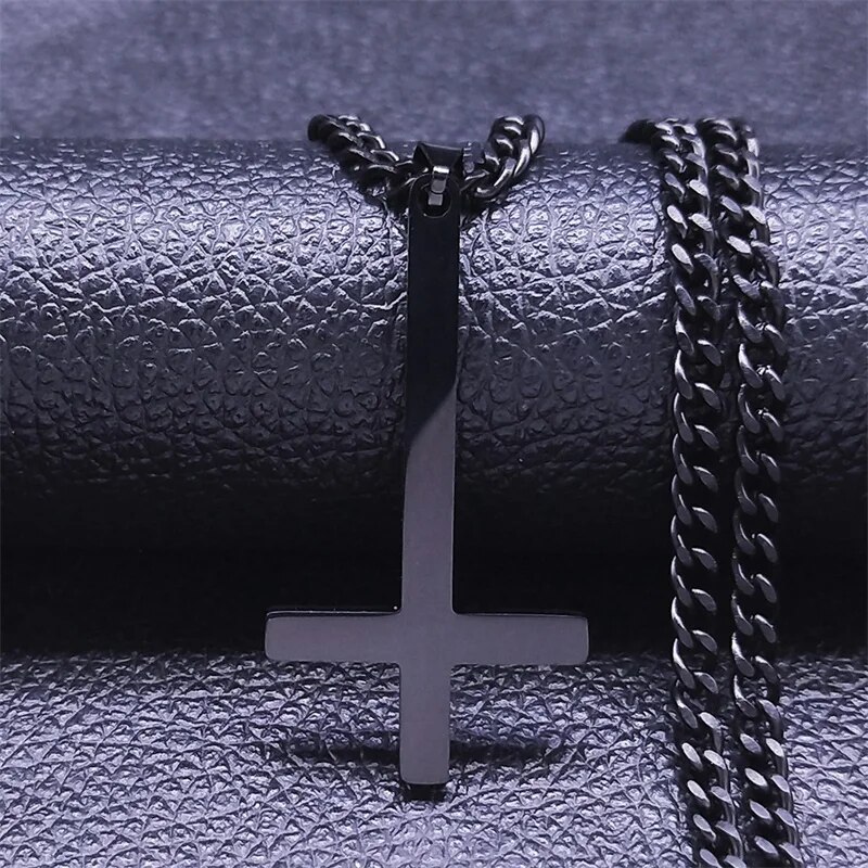 Stainless Steel Gothic Upside Down Cross Necklace Man Black Punk Inverted Cross Men Chains Goth Jewelry collar hombre N8006. 