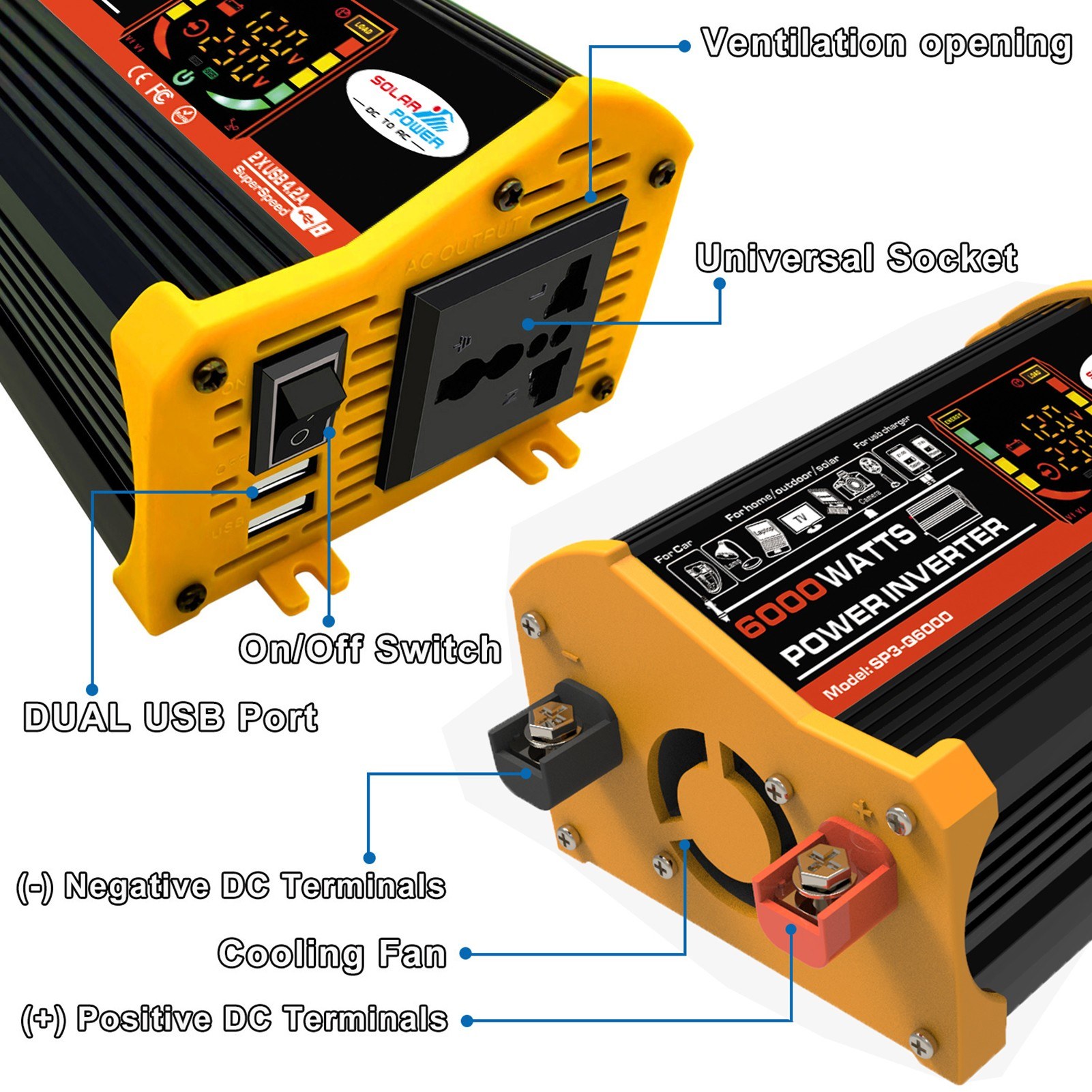 High frequency 6000W inverter 12V to 220V dual USB - black-220v. 