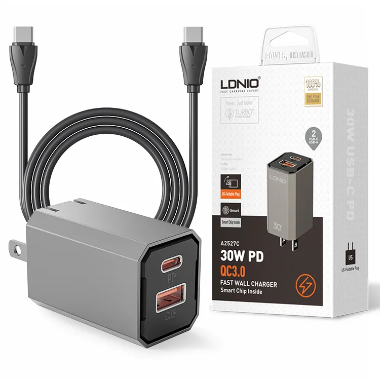 LDNIO 30W PD3.0 usb-c+USB-A fast wall Charger whit Type-C Cable A2527C - Black