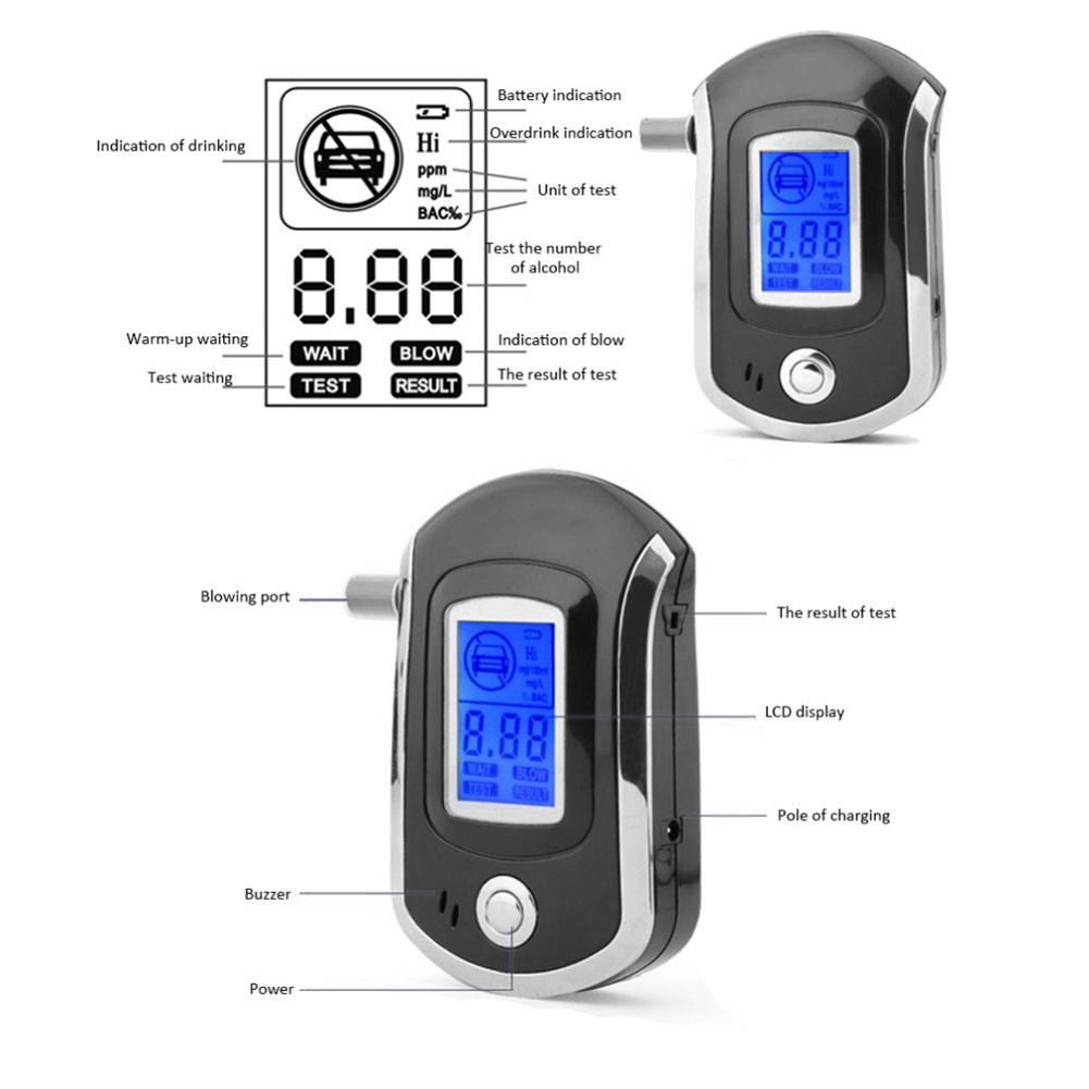 AT6000 Alcohol Tester with 10 Mouthpieces Professional Digital Breath Breathalyzer with LCD Display Screen. 