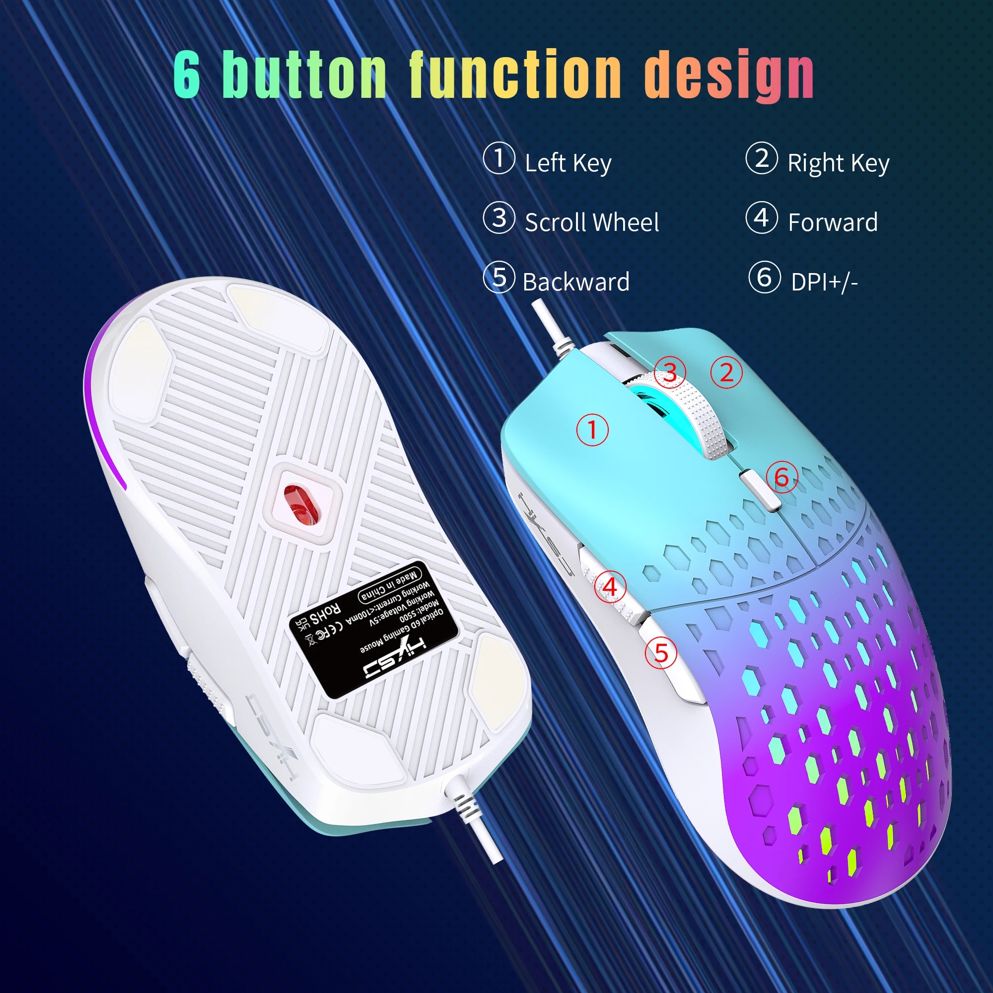 USB Wired Gaming Mouse RGB Gamer Hollow Out Mouses Adjustable 3600 DPI Honeycomb Macro Programmable Ergonomic Mice for PUBG. 