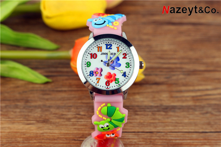 Children's Simplicity Flower Luminous Pointer Quartz Watch 3D Bug Pattern Strap Silicone Watch. 