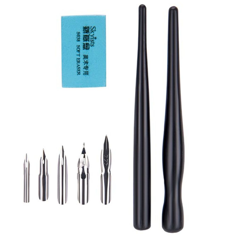 Cartoon Manga Pen Set Anime Calligraphy Drawing Tool Tip Drawing Art Eraser Stationery 5 Nib + 2 Holder + 1 Eraser Random Color