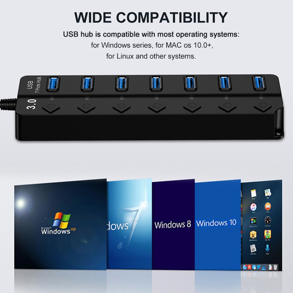 【VisioN Shop】Easy Use Computer Accessories USB Hub 3.0 5Gbps High Speed 7 Port For Laptop Adapter With Individual Switch. 