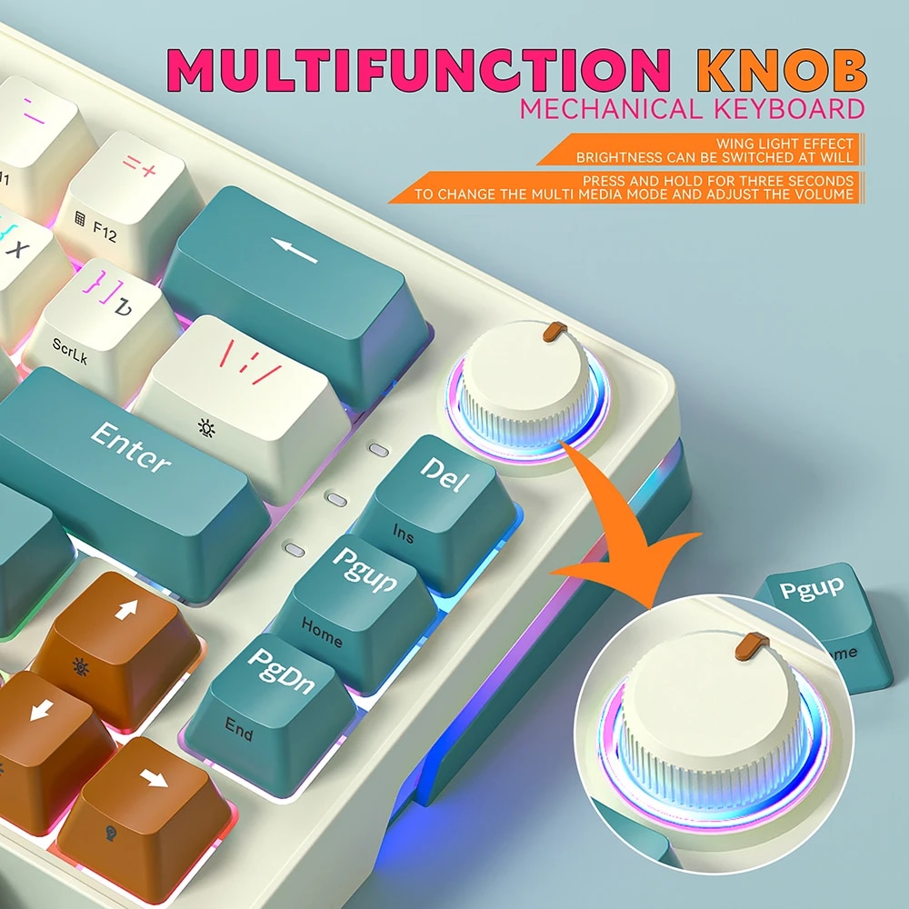 ZA68 Mini Gaming Mechanical Keyboard Wired Computer Keyboard RGB Backlit Knob light control Hot swappable 68 KeyS TYPE-C. 
