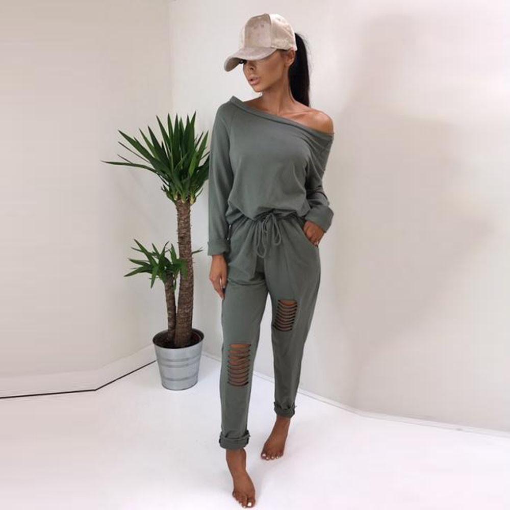 Womens Off Shoulder Long Sleeve Ripped Playsuits Ladies Casual Long Jumpsuit