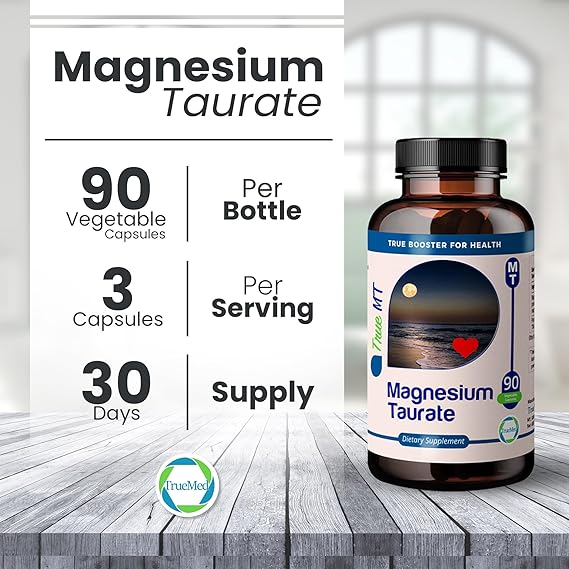 Truemed Organic Magnesium Taurate 1500mg – High Absorption Supplement for Heart, Stress, Sleep & Nerve Support – 90 Veg Capsules – Made in USA. 