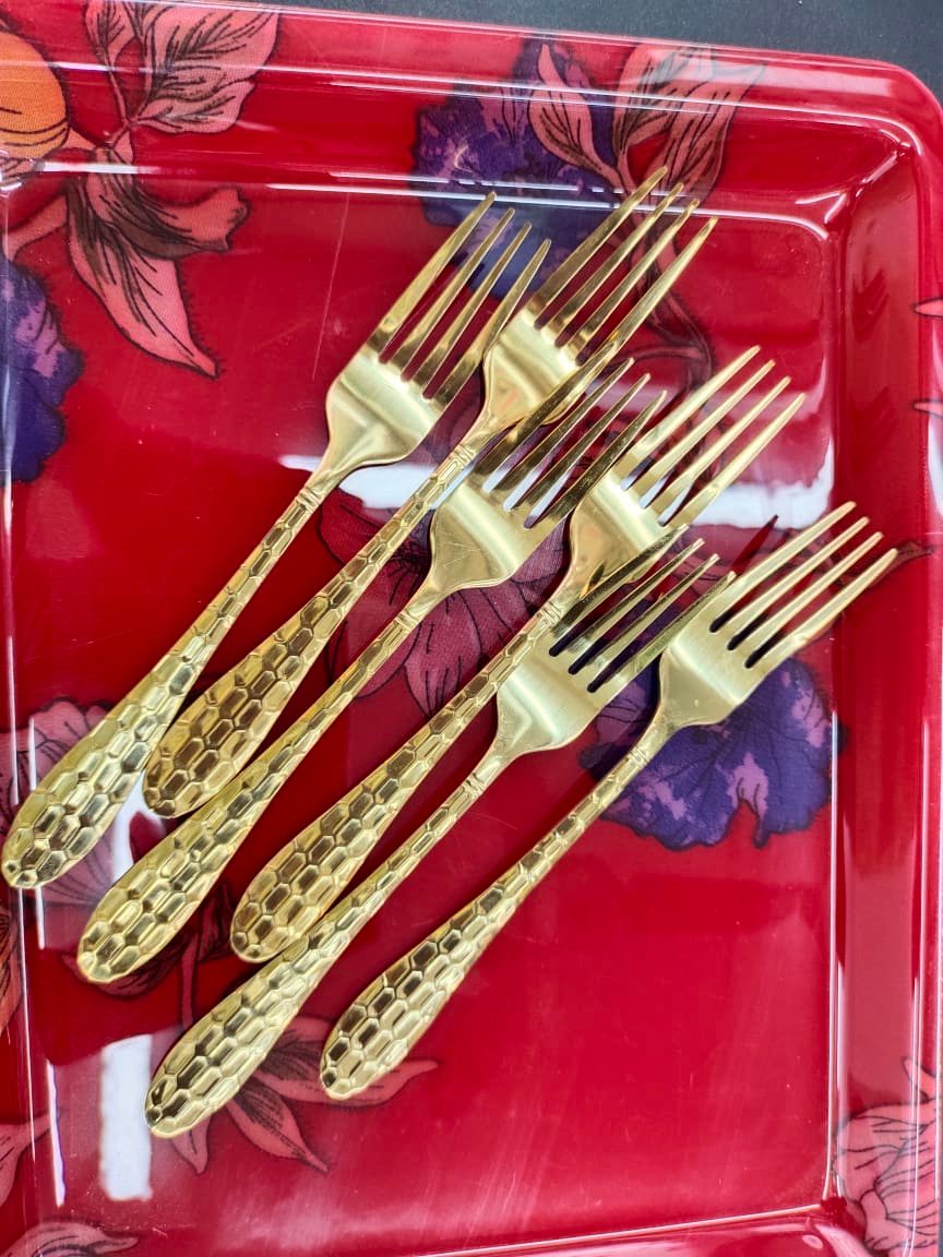 3 D Golden Fork Spoon Set 6 Pcs. Stainless Steel Tea Spoons With Gold Titanium Plating. - Chopsticks. 