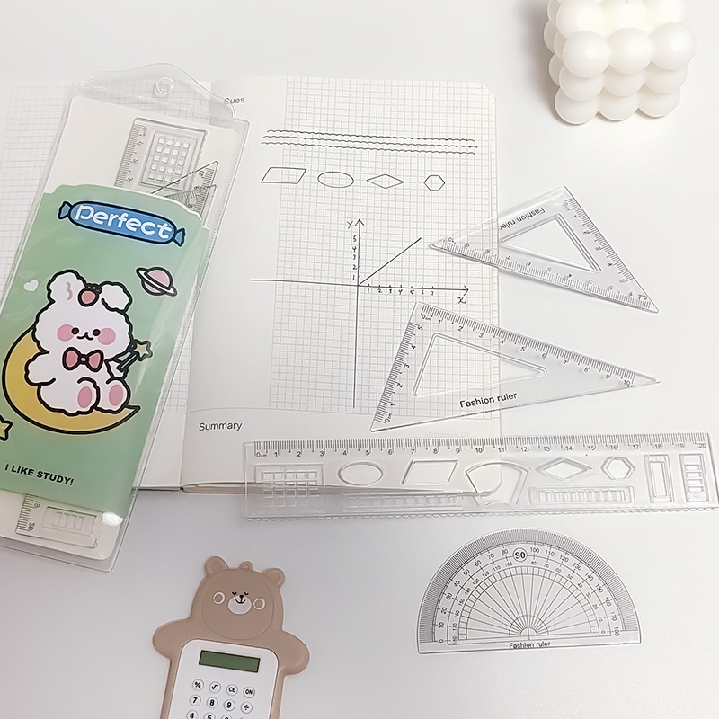 4 Pcs Simple Cartoon Transparent Ruler Set Student Portable Drawing Measuring Rulers. 