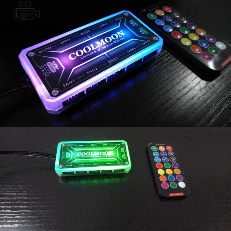 Group Vertical Coolmoon RGB Remote Controller Dc12v 5a Led Smart Fan Controller With 10pcs 6-pin Fan Ports 2pcs 4-pin Light Bar Ports