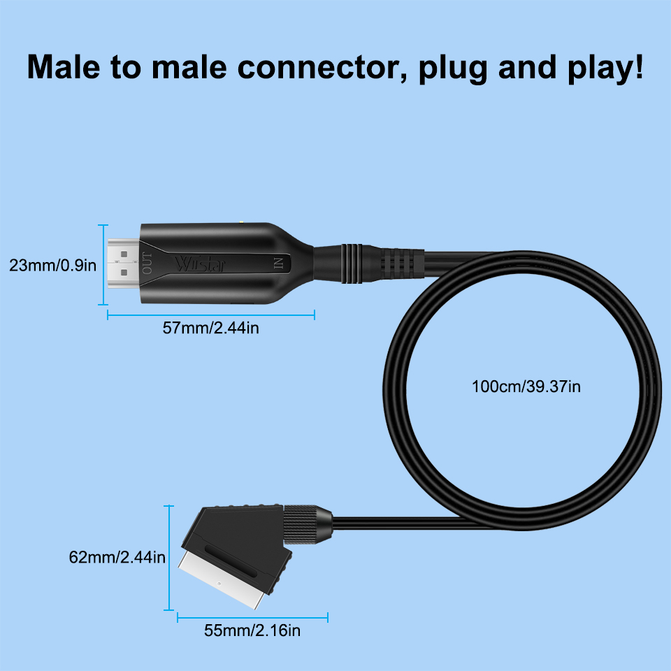 1080P SCART to HDMI Video Audio Converter Adapter Cable Male to Male SCART Input to HDMI Output for HDTV Sky Box STB Plug Play. 