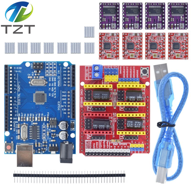 Tzt Cnc Shield V3 Engraving Machine 3d Printe 4pcs Drv8825 Or A4988 Driver Expansion Board For Arduino Uno R3 With Usb Cable. 