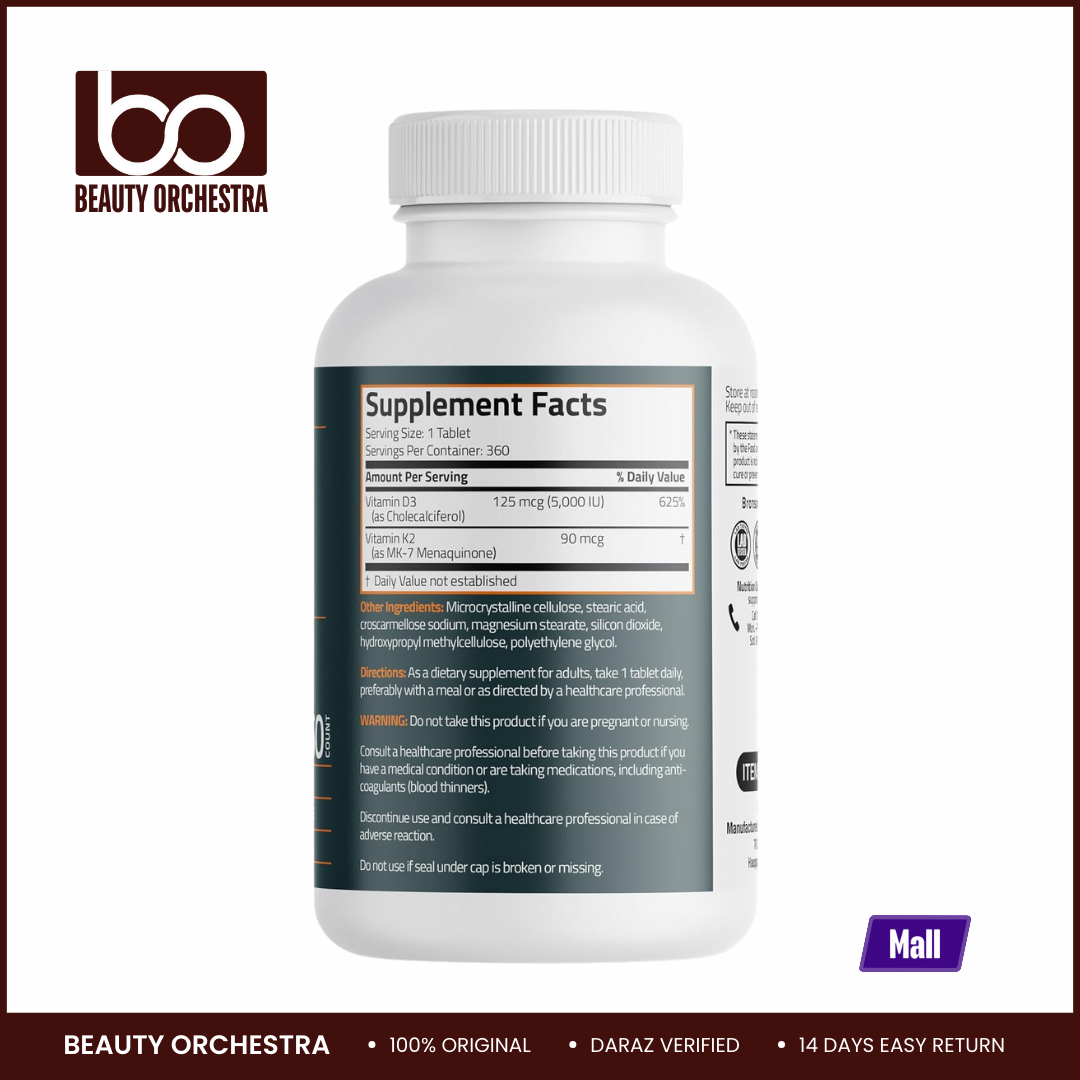 Bronson Basics Vitamin K2+D3 (MK7) Supplement - 360 Tablets. 