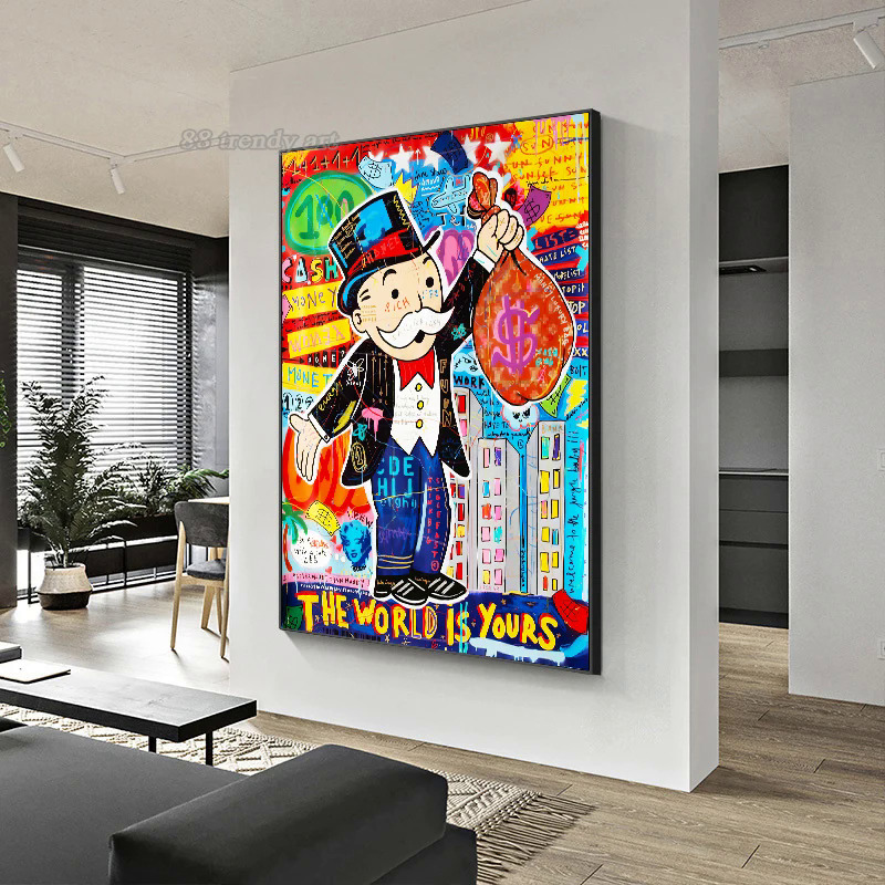 Pop Art Alec Monopoly Hold A Money Bag Posters Boss Rich Man with Mask Graffiti Canvas Painting The World Is Yours Cartoon Mural. 