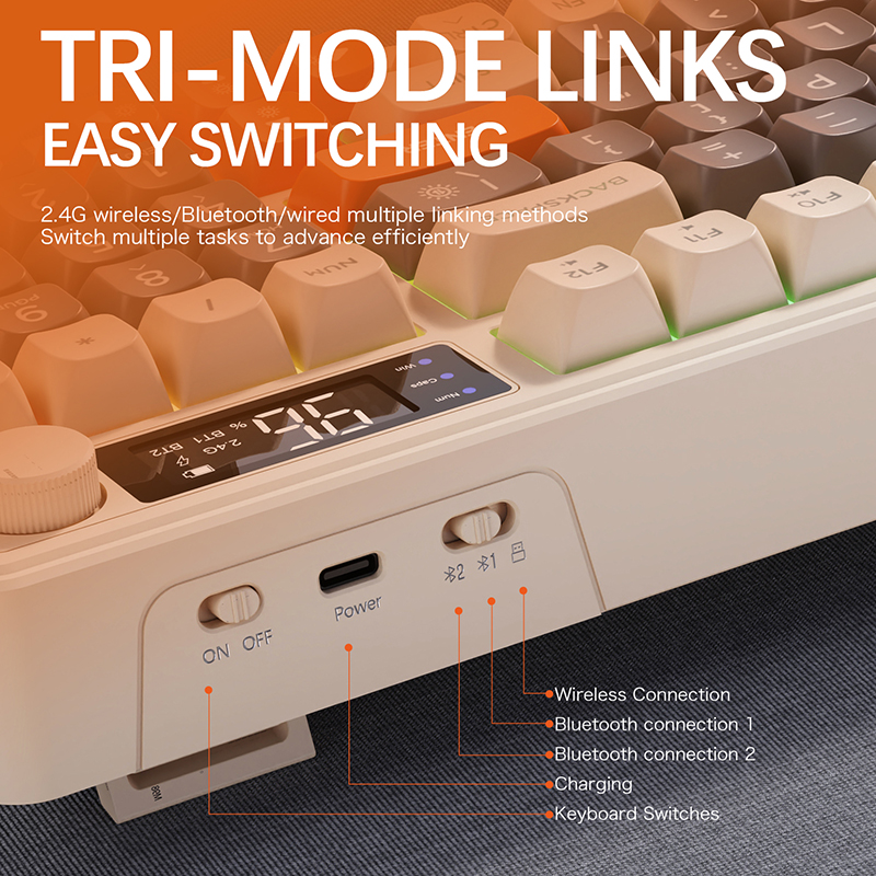FREEWOLF M96 Wireless Bluetooth Dual-Mode Keyboard PBT Keycap Screen Knob Lithium Battery Backlight Multi-Device Gaming. 
