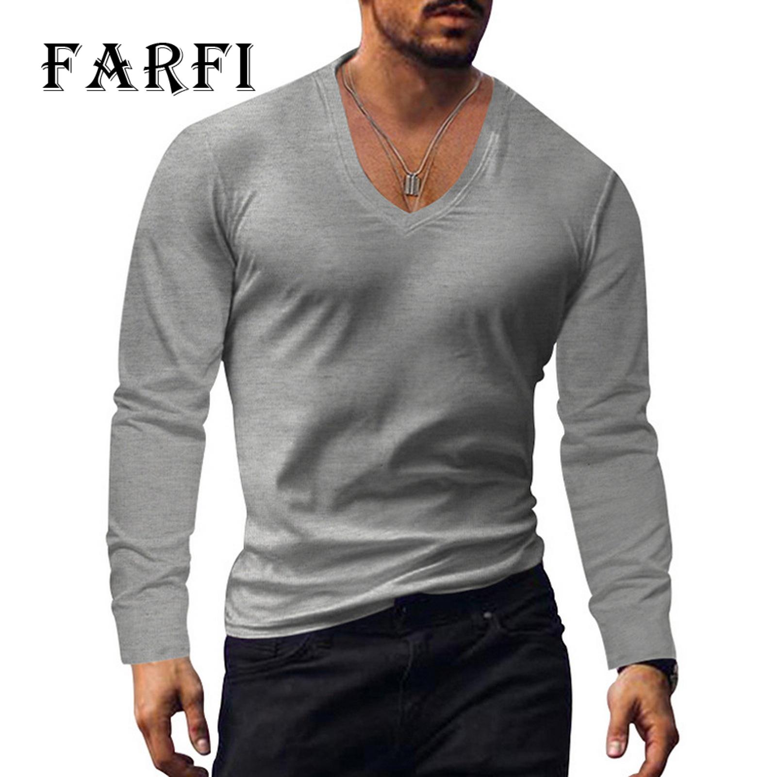 Men V-neck T-shirt Men V-neck Long Sleeve T-shirt Solid Slim Fit