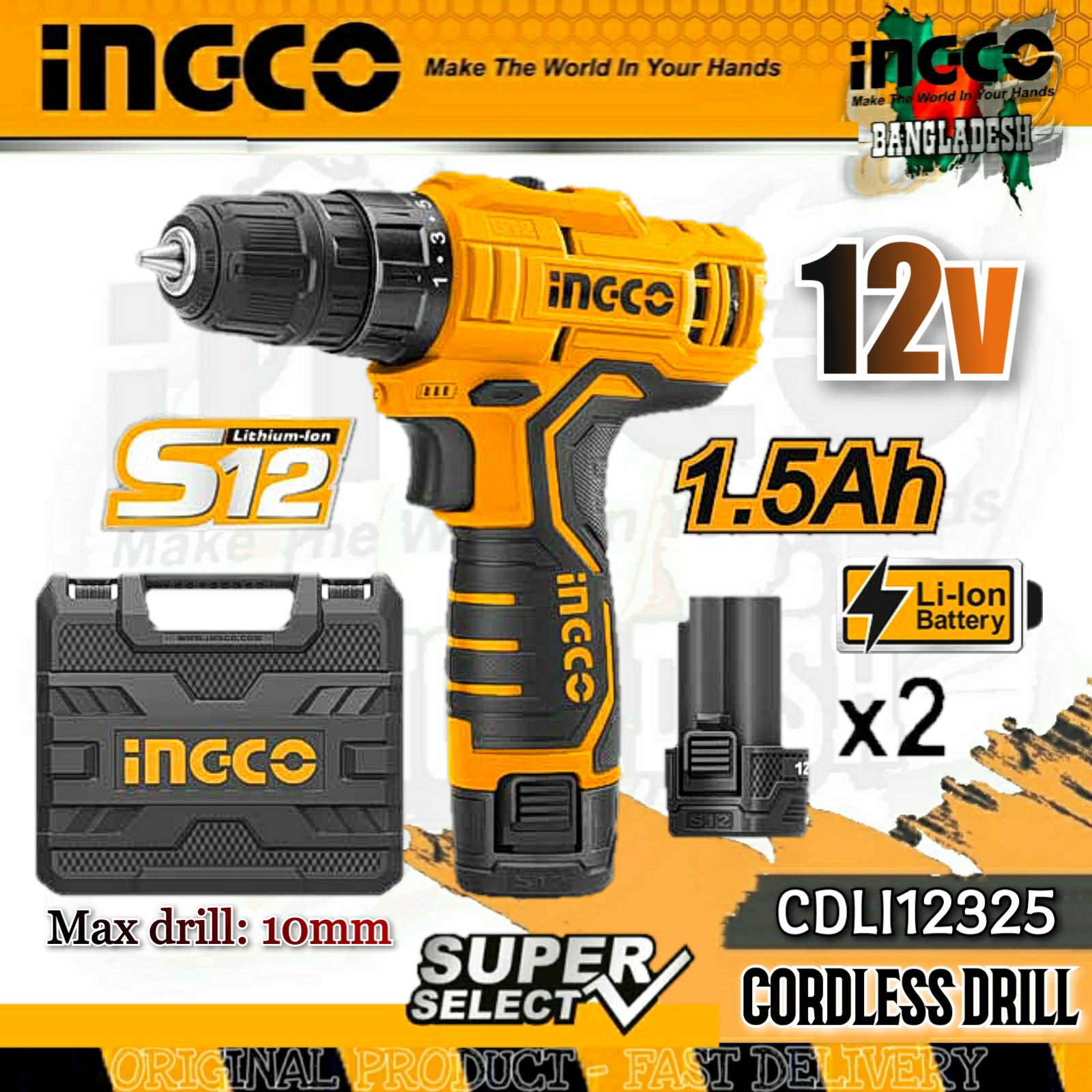 Lithium Ion CORDLESS DRILL 12V INGCO CDLI12325