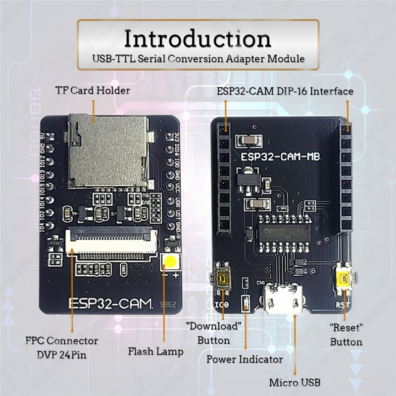 ESP32-CAM-MB WIFI Bluetooth Development Board with OV2640 Camera Micro-USB Connection to Serial. 