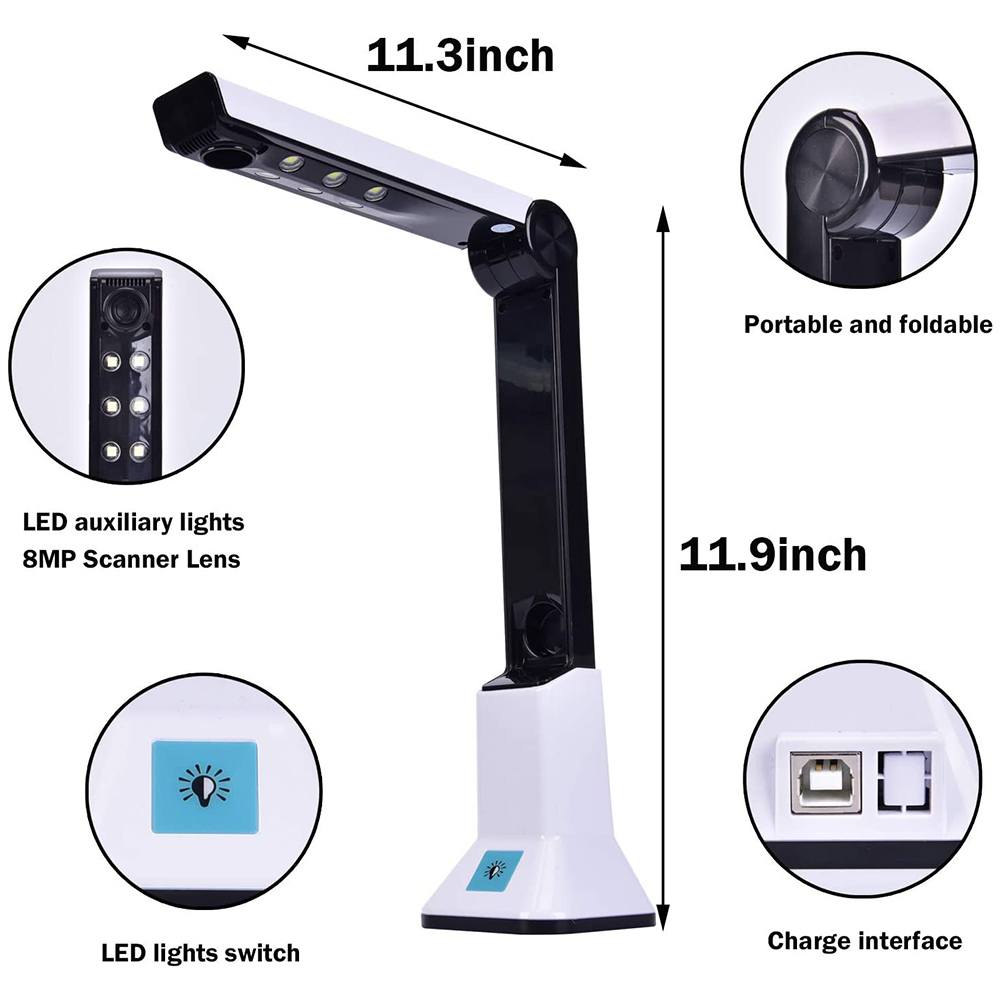 Document Camera for Teachers, Portable USB Document Camera Scanner with Stand 8MP HD A4 Format Cam Photo Scanner. 