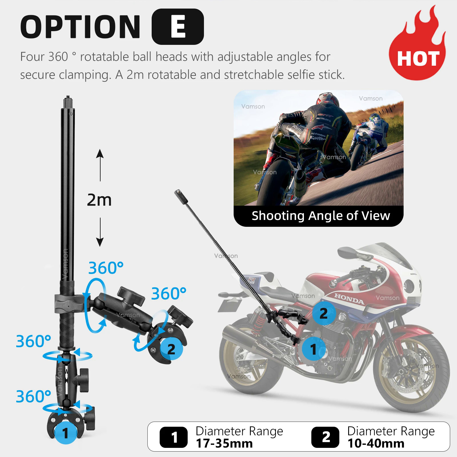 Vamson for Insta360 One X3 Motorcycle 3rd Person View Invisible Selfie Stick Handlebar Clamp Mount for Insta 360 X2 GoPro Camera. 