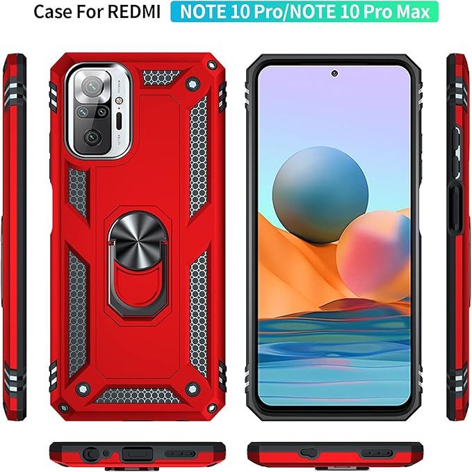 SNOWtreeAA Case for Xiaomi Redmi Note 10 Pro/Redmi Note 10 Pro Max,Ring Holder Military Grade Protective Silicone Shockproof Tough Armor Hard Phone Cover for Redmi Note 10 Pro -Red. 
