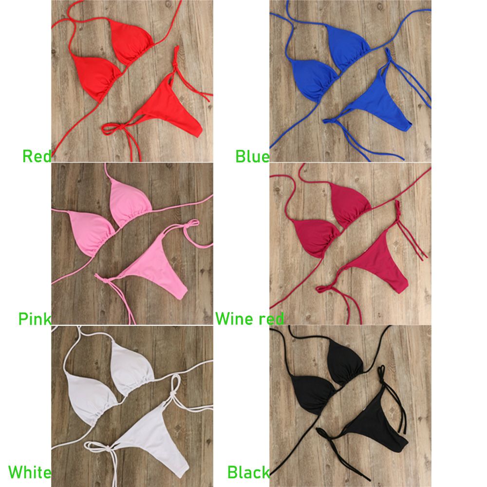 Solid Color Adjustable Backless Side Tie G-string Thong Split Bikini Set Brazlian Swimwear Swimsuit Bathing Suit. 