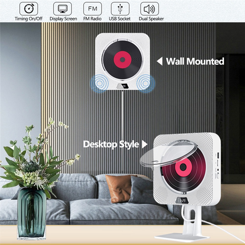 CD Player Wall Mounted FM Radio Bluetooth USB Disk Portable Portable Music Player Remote Control Stereo Speaker Simple to Use US Plug. 