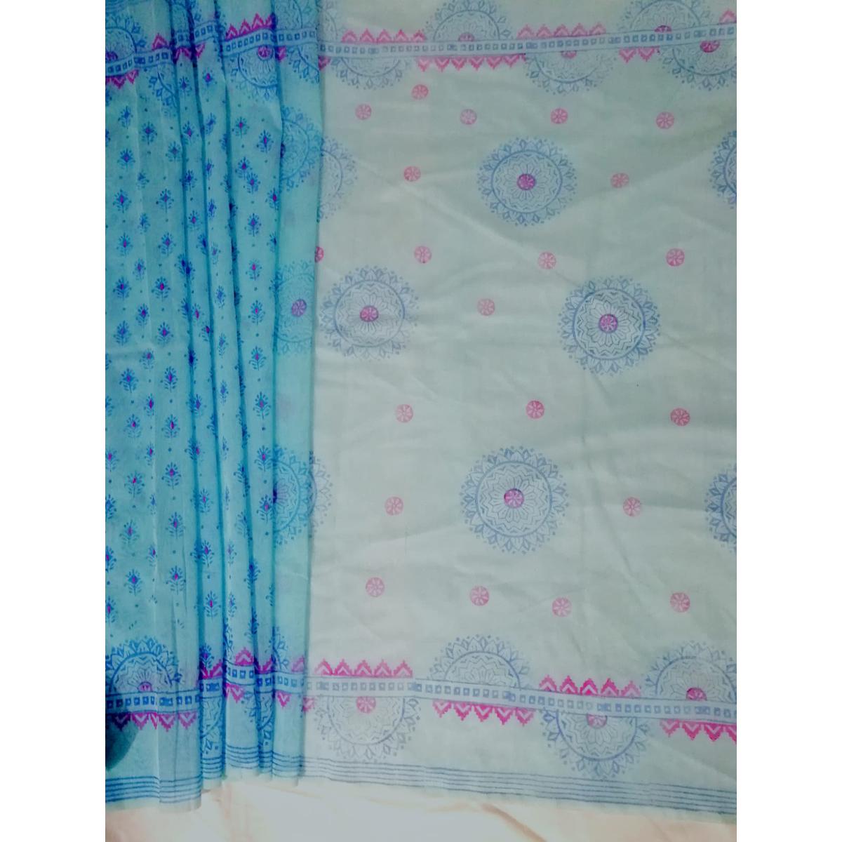 Indispensable -Quality And Durablity -Sky blue color block printed half silk saree - Sari- Innovative Preferble - Low Hassle and Maintanance