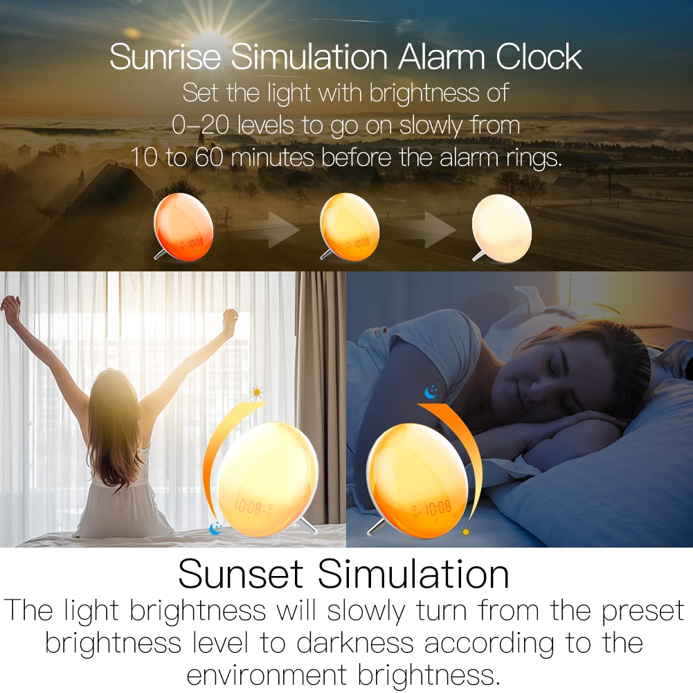 WiFi Smart Wake Up Light Workday Alarm Clock with 7 Colors Sunrise/Sunset Smart Life Tuya APP Works with Alexa Google Home. 