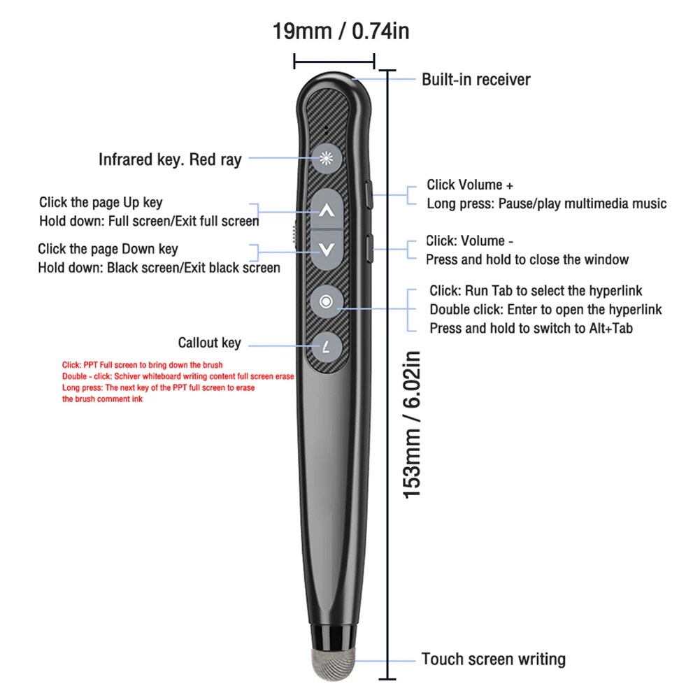 Touch Whiteboard Pen Page Changer Lightweight Long-Distance Lasers Pointer for Office Reproting. 