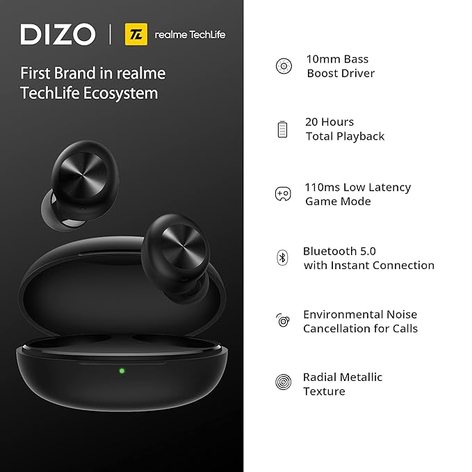 DIZO GoPods D(by realme Techlife) True Wireless in Earbuds with Enviornment Noise Cancellation - Black. 