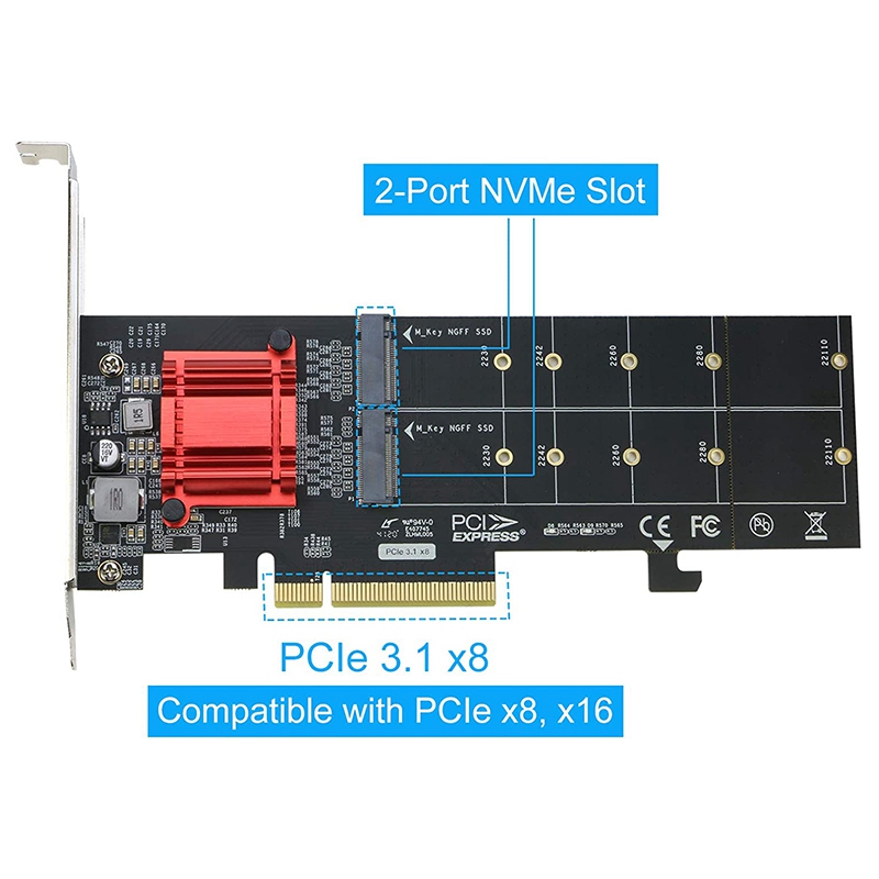Dual NVMe PCIe Adapter,M.2 NVMe SSD to PCI-E 3.1 X8/X16 Card Support M.2 (M Key) NVMe SSD 22110/2280/2260/2242. 