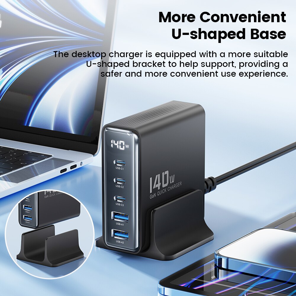 Toocki 140W GaN USB Charger 5in1 Desktop Fast Charge USB Type C Charger LED Display Charger For iPhone Xiaomi Smartphone Laptop. 