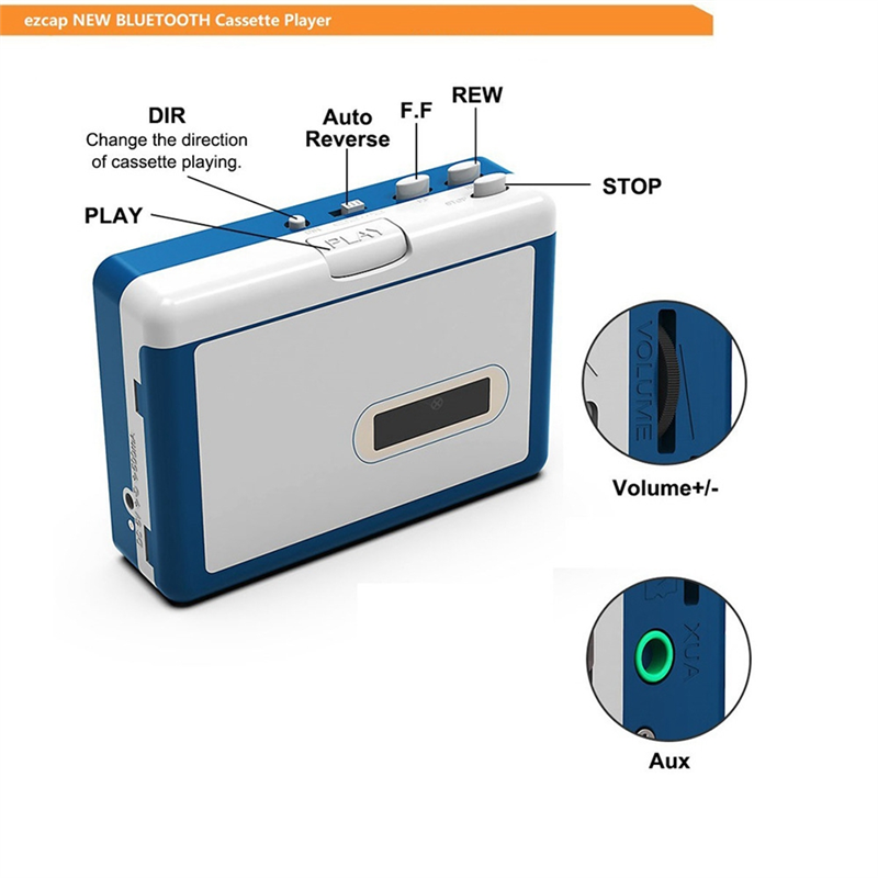 Portable Bluetooth Bluetooth Cassette Player Cassette Transmitter Player Tape Player White & Blue ABS+Metal Convert to MP3 Converter. 