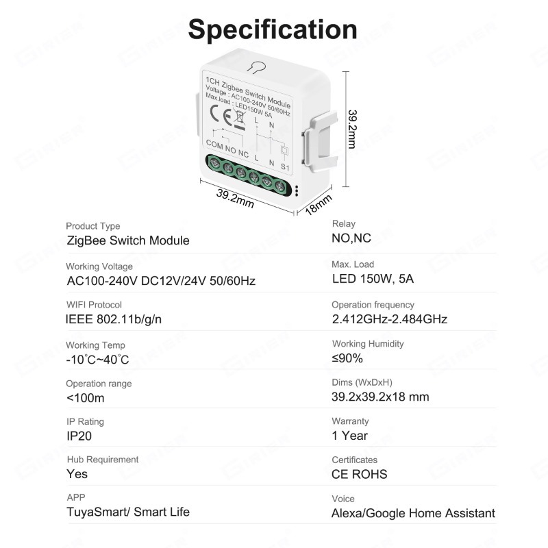 Tuya Zigbee 3.0 Smart Mini Switch Module No Neutral Wire Table Lamp Fan TV 2 Way Control Breaker Alexa Google Home Voice Control. 