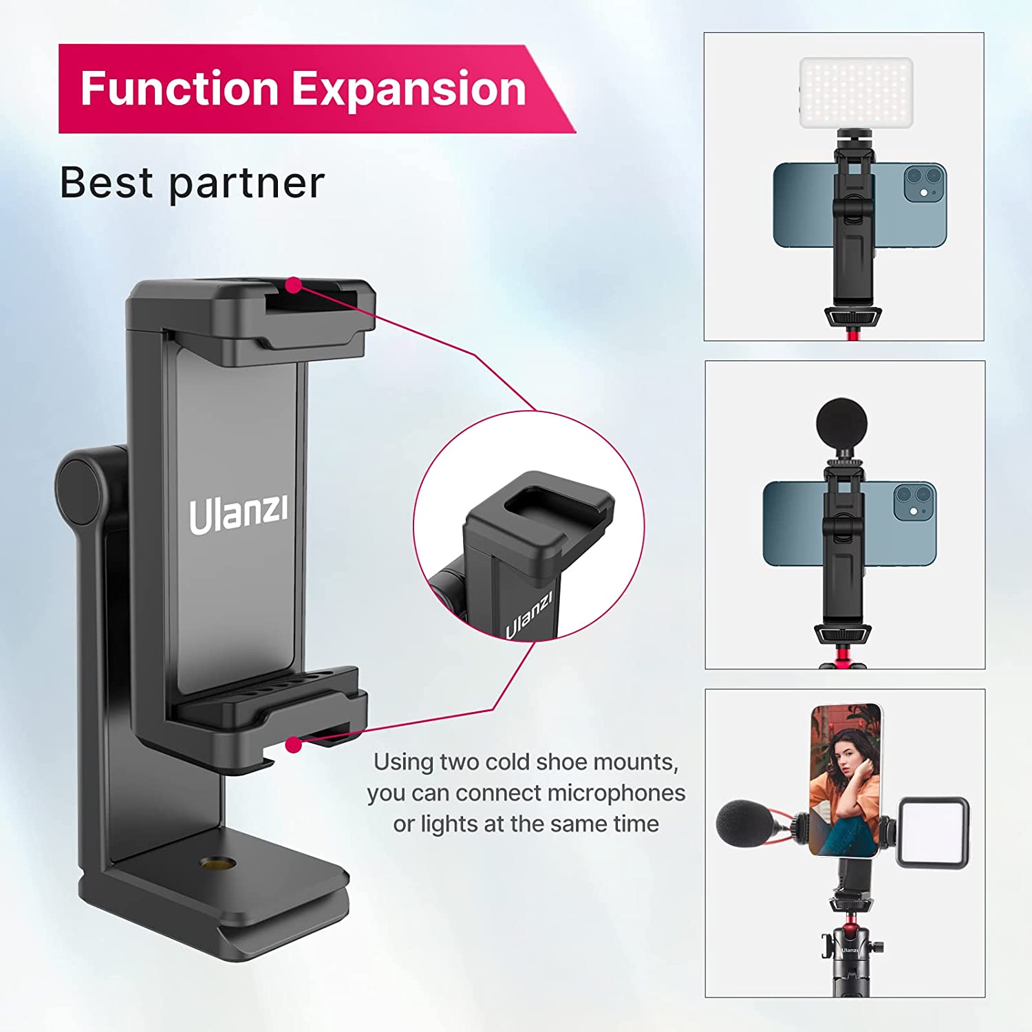 Ulanzi ST-22 Phone Tripod Adapter Mount, Adjustable Cell Phone Holder with 2 Cold Shoe, Universal Smartphone Clamp, Vertical Horizontal Bracket for iPhone, Samsung Galaxy and All Phones