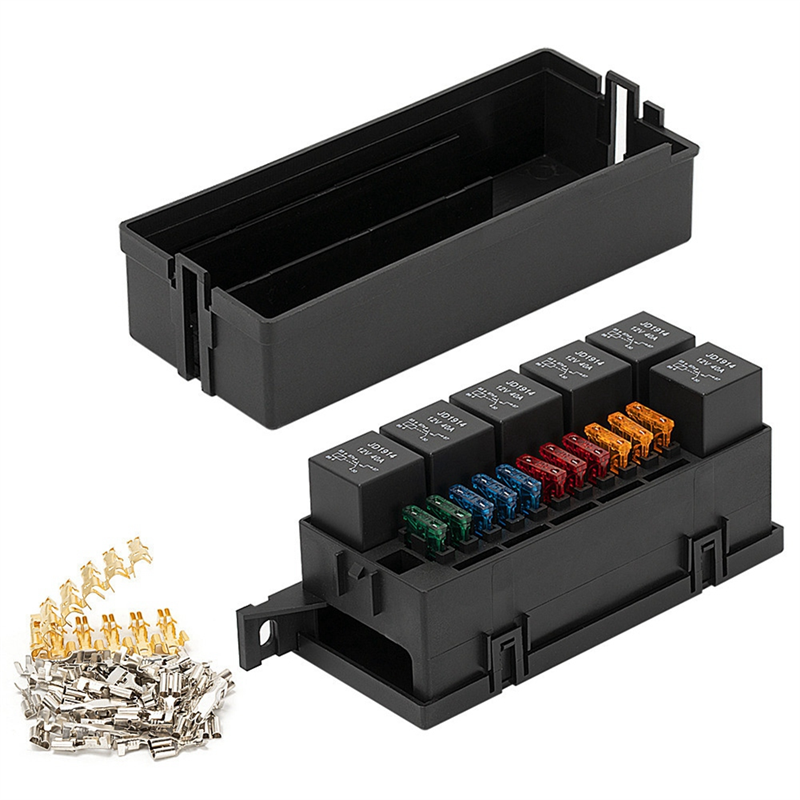 11 Way Relay Fuse Block Holds Universal Waterproof Fuse Relay Box with 6 Relays and Metallic Pins Terminal. 