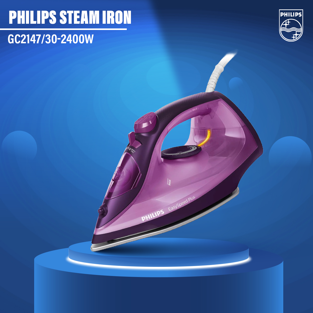 Philips EasySpeed Plus Steam Iron GC2147/30-2400W, Quick Heat up with up to 30 g/min steam, 150g steam Boost, Scratch Resistant Ceramic Soleplate, Vertical steam, Drip-Stop