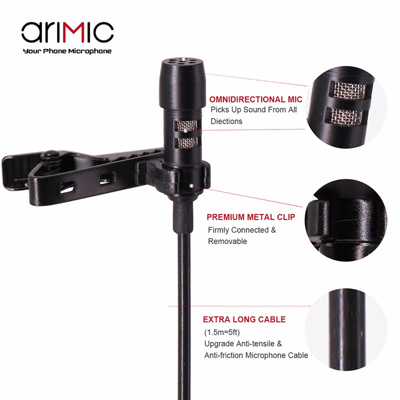 Arimic Lavalier Lapel Clip-on Omnidirectional Condenser Microphone Kit with cable adapter & windshield for iPhone Samsung. 