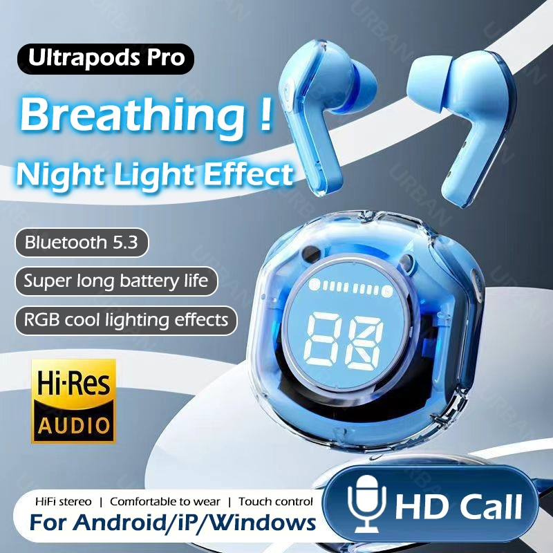 Ultrapods Pro True Wireless Earbuds with Display Transparent Design, Bluetooth 5.3 Auto Connection, Touch Control & Wireless charging Headset with Charging Case & Cab Long Life Battery in-Ear Bluetooth Headset  By Exotic. 