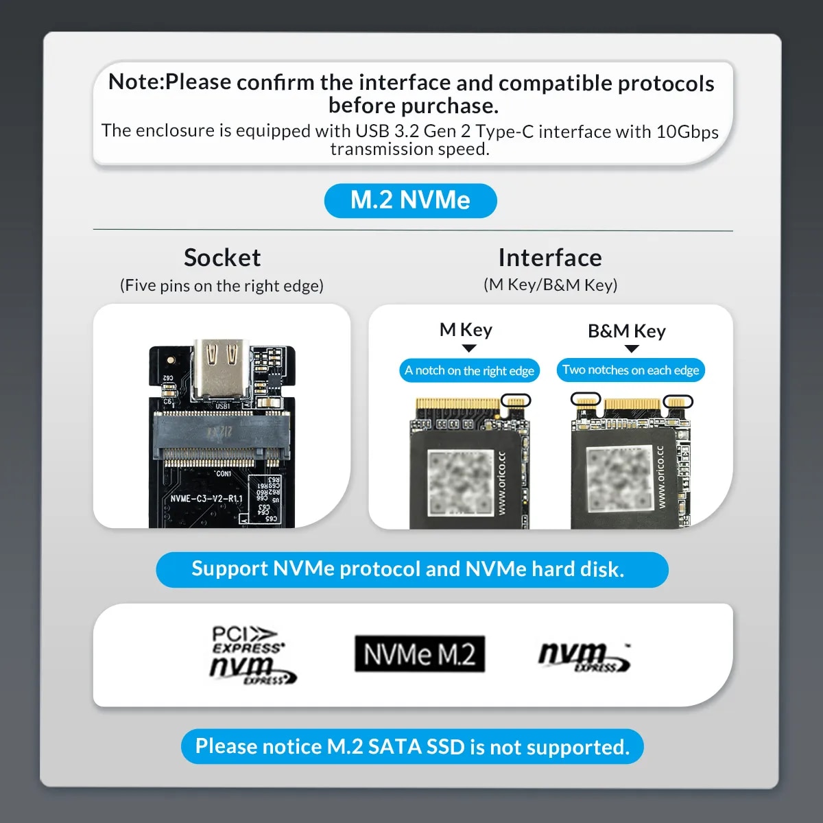 ORICO M.2 NVMe SSD Enclosure 10Gbps USB3.2 Gen2 M2 SSD Enclosure Case Box Simple Design for NVMe SATA Tool-free Support UASP. 