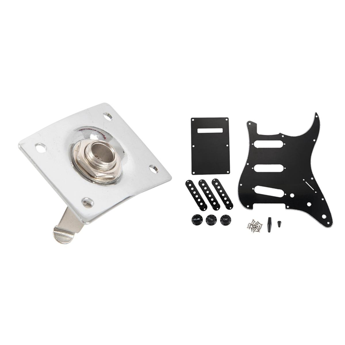 1x Chrome Plate Space E-Output Socket & 1set Ply Black 11 Hole Sss Guitar Pickguard Strat Back Plate Pickup Covers